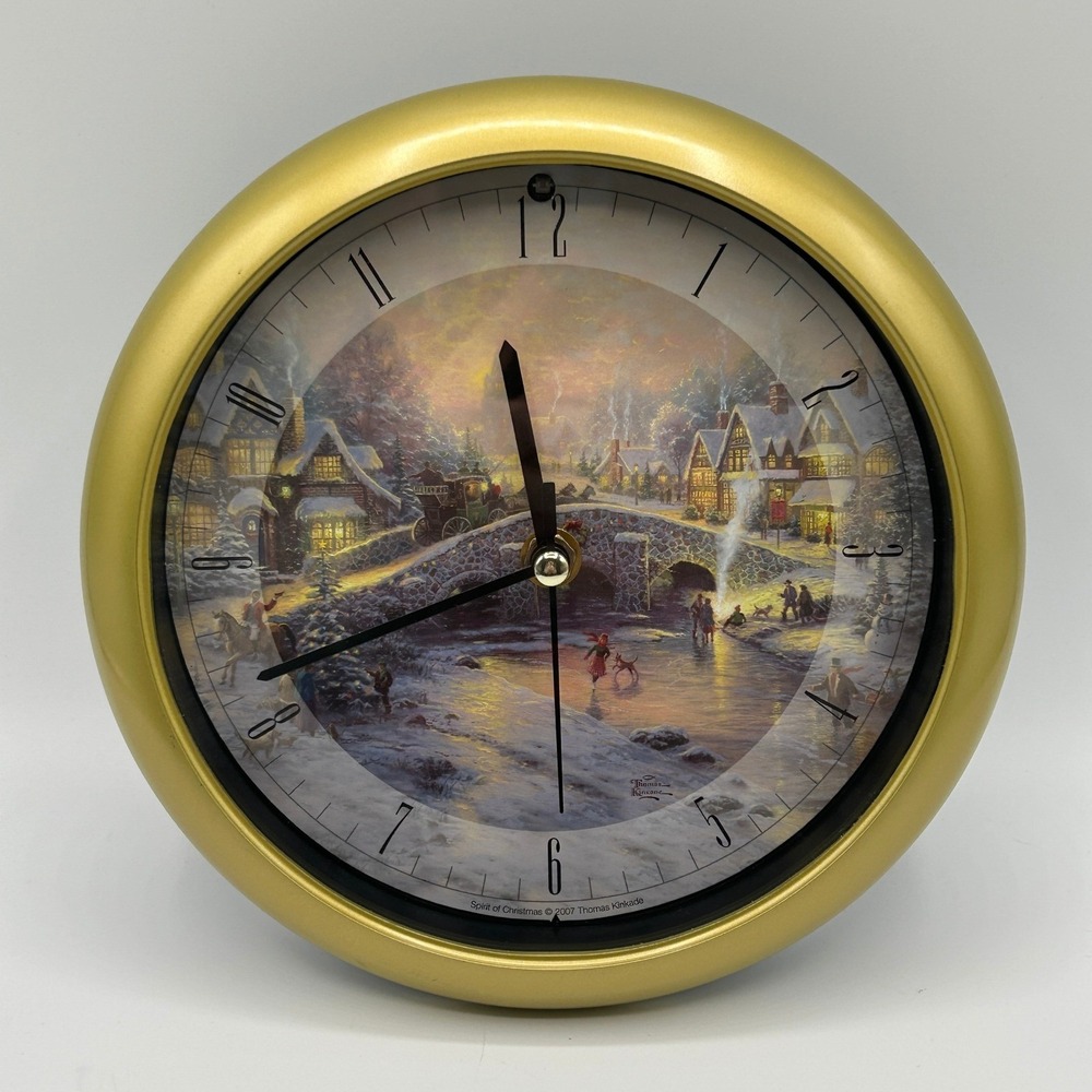 Thomas Kinkade Spirit of Christmas 07 Gold Quartz Wall Desk Clock Winter Holiday